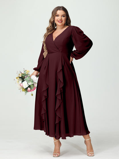Forme Princesse Col V Manches Longues Mousseline de soie Longueur Thé Volants Grande taille Robes de demoiselle d'honneur avec Poches