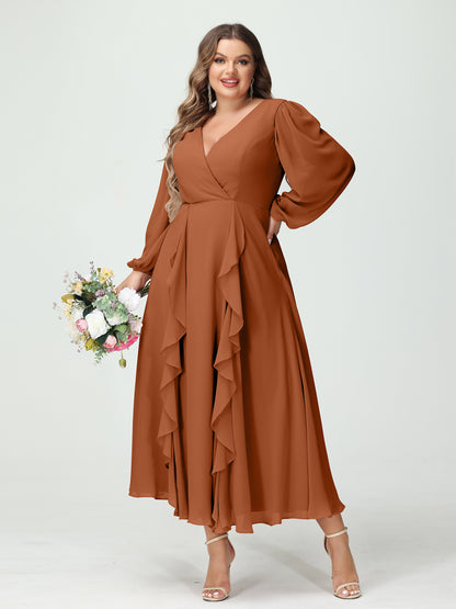 Forme Princesse Col V Manches Longues Mousseline de soie Longueur Thé Volants Grande taille Robes de demoiselle d'honneur avec Poches