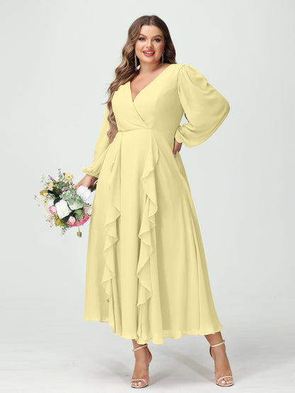 Forme Princesse Col V Manches Longues Mousseline de soie Longueur Thé Volants Grande taille Robes de demoiselle d'honneur avec Poches