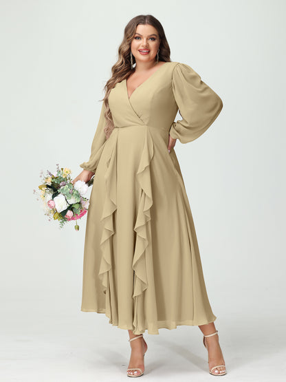 Forme Princesse Col V Manches Longues Mousseline de soie Longueur Thé Volants Grande taille Robes de demoiselle d'honneur avec Poches