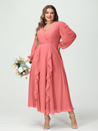 Forme Princesse Col V Manches Longues Mousseline de soie Longueur Thé Volants Grande taille Robes de demoiselle d'honneur avec Poches