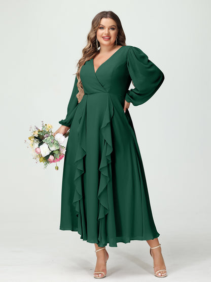 Forme Princesse Col V Manches Longues Mousseline de soie Longueur Thé Volants Grande taille Robes de demoiselle d'honneur avec Poches