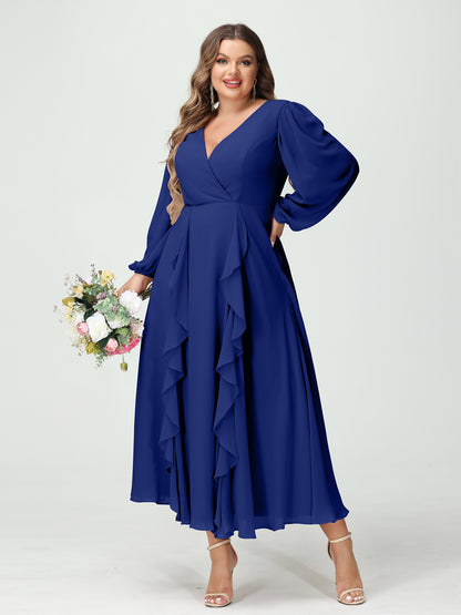 Forme Princesse Col V Manches Longues Mousseline de soie Longueur Thé Volants Grande taille Robes de demoiselle d'honneur avec Poches