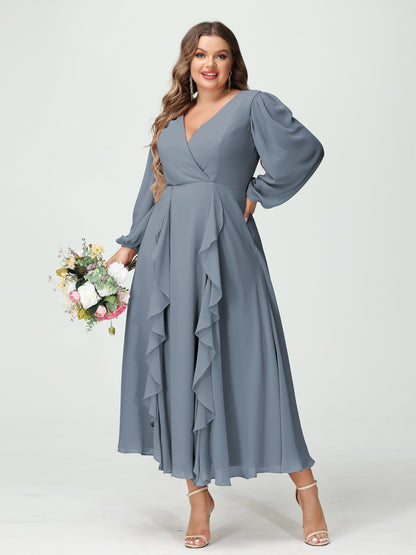 Forme Princesse Col V Manches Longues Mousseline de soie Longueur Thé Volants Grande taille Robes de demoiselle d'honneur avec Poches