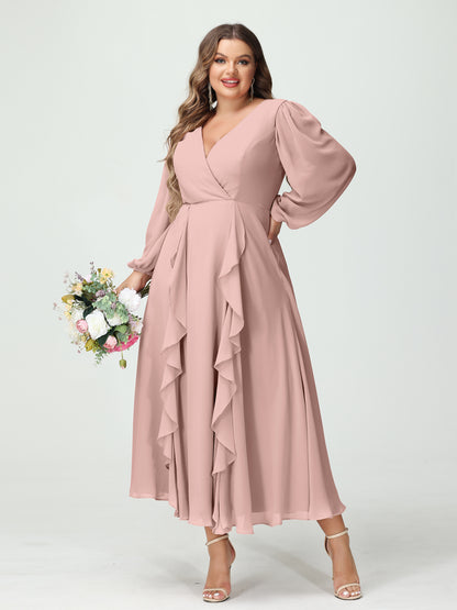 Forme Princesse Col V Manches Longues Mousseline de soie Longueur Thé Volants Grande taille Robes de demoiselle d'honneur avec Poches
