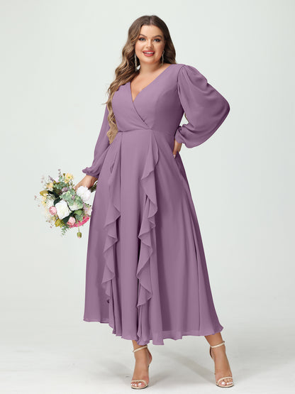 Forme Princesse Col V Manches Longues Mousseline de soie Longueur Thé Volants Grande taille Robes de demoiselle d'honneur avec Poches