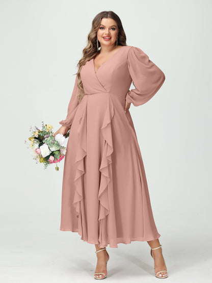 Forme Princesse Col V Manches Longues Mousseline de soie Longueur Thé Volants Grande taille Robes de demoiselle d'honneur avec Poches