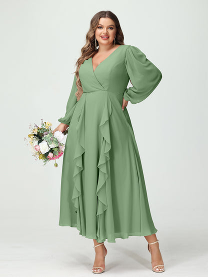 Forme Princesse Col V Manches Longues Mousseline de soie Longueur Thé Volants Grande taille Robes de demoiselle d'honneur avec Poches