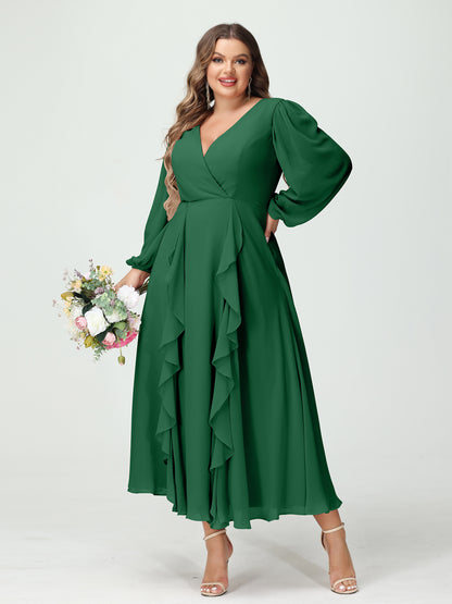 Forme Princesse Col V Manches Longues Mousseline de soie Longueur Thé Volants Grande taille Robes de demoiselle d'honneur avec Poches