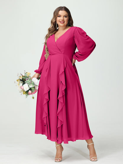 Forme Princesse Col V Manches Longues Mousseline de soie Longueur Thé Volants Grande taille Robes de demoiselle d'honneur avec Poches