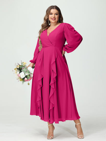 Forme Princesse Col V Manches Longues Mousseline de soie Longueur Thé Volants Grande taille Robes de demoiselle d'honneur avec Poches