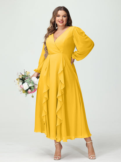 Forme Princesse Col V Manches Longues Mousseline de soie Longueur Thé Volants Grande taille Robes de demoiselle d'honneur avec Poches