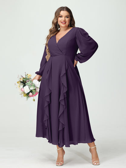 Forme Princesse Col V Manches Longues Mousseline de soie Longueur Thé Volants Grande taille Robes de demoiselle d'honneur avec Poches