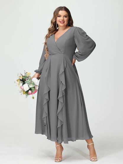 Forme Princesse Col V Manches Longues Mousseline de soie Longueur Thé Volants Grande taille Robes de demoiselle d'honneur avec Poches