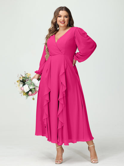 Forme Princesse Col V Manches Longues Mousseline de soie Longueur Thé Volants Grande taille Robes de demoiselle d'honneur avec Poches