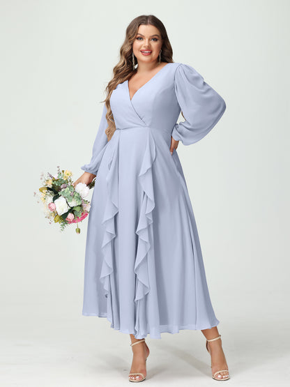Forme Princesse Col V Manches Longues Mousseline de soie Longueur Thé Volants Grande taille Robes de demoiselle d'honneur avec Poches