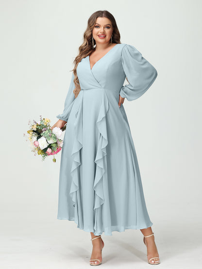 Forme Princesse Col V Manches Longues Mousseline de soie Longueur Thé Volants Grande taille Robes de demoiselle d'honneur avec Poches