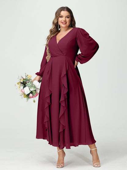 Forme Princesse Col V Manches Longues Mousseline de soie Longueur Thé Volants Grande taille Robes de demoiselle d'honneur avec Poches