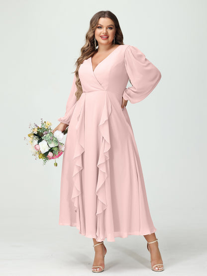 Forme Princesse Col V Manches Longues Mousseline de soie Longueur Thé Volants Grande taille Robes de demoiselle d'honneur avec Poches