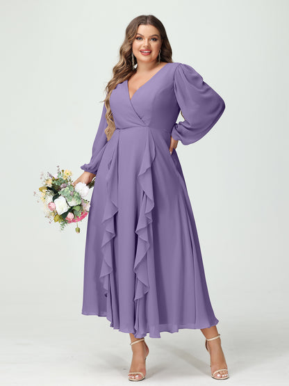 Forme Princesse Col V Manches Longues Mousseline de soie Longueur Thé Volants Grande taille Robes de demoiselle d'honneur avec Poches