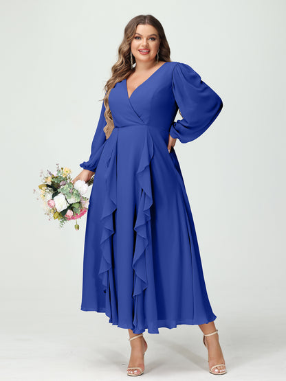 Forme Princesse Col V Manches Longues Mousseline de soie Longueur Thé Volants Grande taille Robes de demoiselle d'honneur avec Poches