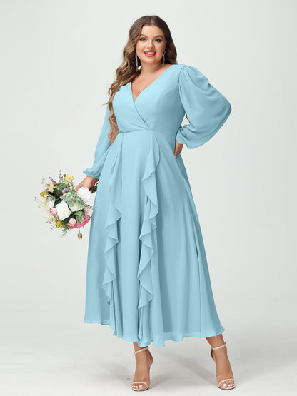 Forme Princesse Col V Manches Longues Mousseline de soie Longueur Thé Volants Grande taille Robes de demoiselle d'honneur avec Poches