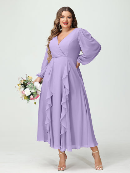 Forme Princesse Col V Manches Longues Mousseline de soie Longueur Thé Volants Grande taille Robes de demoiselle d'honneur avec Poches