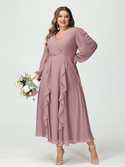 Forme Princesse Col V Manches Longues Mousseline de soie Longueur Thé Volants Grande taille Robes de demoiselle d'honneur avec Poches