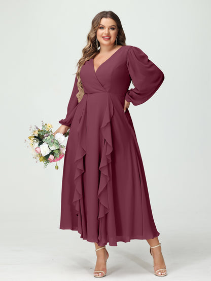 Forme Princesse Col V Manches Longues Mousseline de soie Longueur Thé Volants Grande taille Robes de demoiselle d'honneur avec Poches
