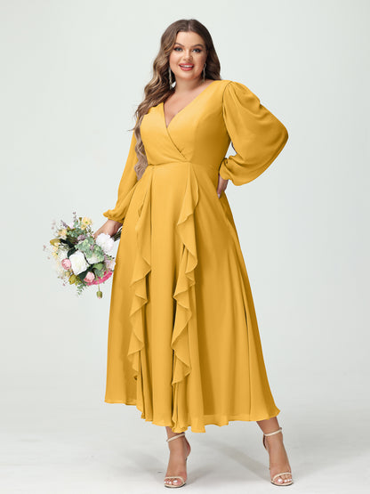 Forme Princesse Col V Manches Longues Mousseline de soie Longueur Thé Volants Grande taille Robes de demoiselle d'honneur avec Poches