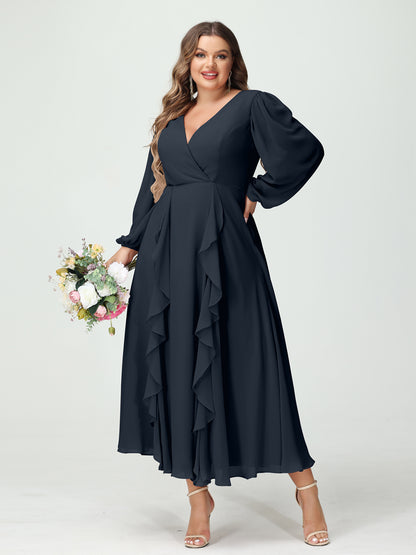 Forme Princesse Col V Manches Longues Mousseline de soie Longueur Thé Volants Grande taille Robes de demoiselle d'honneur avec Poches