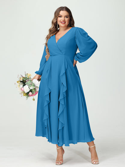Forme Princesse Col V Manches Longues Mousseline de soie Longueur Thé Volants Grande taille Robes de demoiselle d'honneur avec Poches