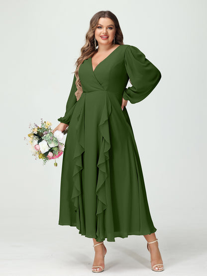 Forme Princesse Col V Manches Longues Mousseline de soie Longueur Thé Volants Grande taille Robes de demoiselle d'honneur avec Poches