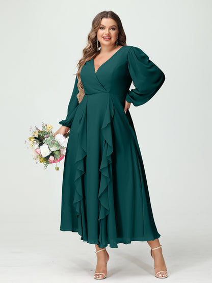 Forme Princesse Col V Manches Longues Mousseline de soie Longueur Thé Volants Grande taille Robes de demoiselle d'honneur avec Poches