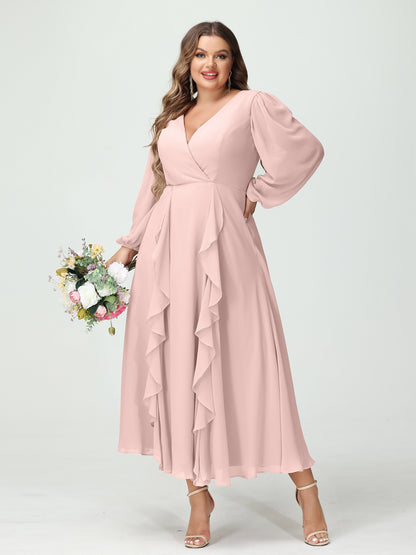 Forme Princesse Col V Manches Longues Mousseline de soie Longueur Thé Volants Grande taille Robes de demoiselle d'honneur avec Poches