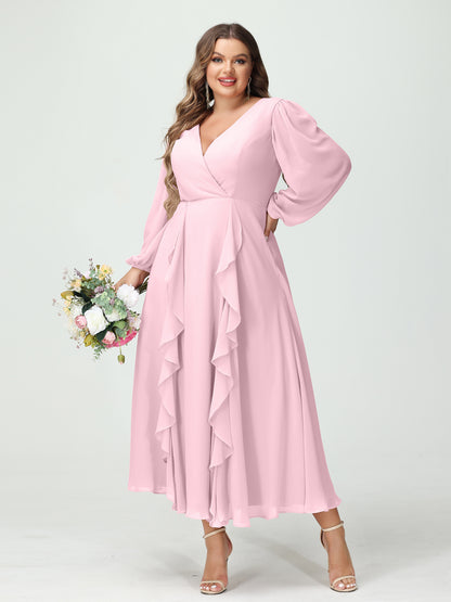 Forme Princesse Col V Manches Longues Mousseline de soie Longueur Thé Volants Grande taille Robes de demoiselle d'honneur avec Poches
