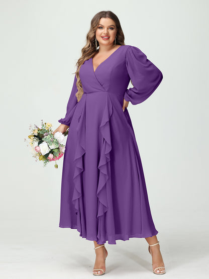 Forme Princesse Col V Manches Longues Mousseline de soie Longueur Thé Volants Grande taille Robes de demoiselle d'honneur avec Poches