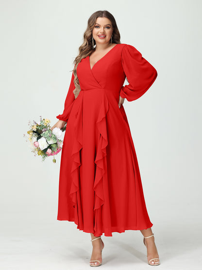 Forme Princesse Col V Manches Longues Mousseline de soie Longueur Thé Volants Grande taille Robes de demoiselle d'honneur avec Poches
