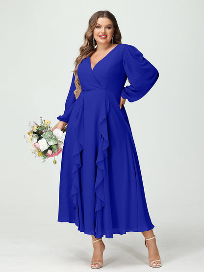 Forme Princesse Col V Manches Longues Mousseline de soie Longueur Thé Volants Grande taille Robes de demoiselle d'honneur avec Poches