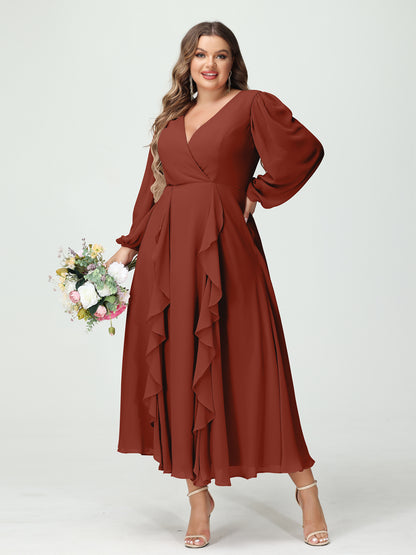 Forme Princesse Col V Manches Longues Mousseline de soie Longueur Thé Volants Grande taille Robes de demoiselle d'honneur avec Poches