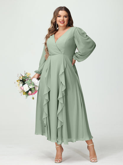 Forme Princesse Col V Manches Longues Mousseline de soie Longueur Thé Volants Grande taille Robes de demoiselle d'honneur avec Poches
