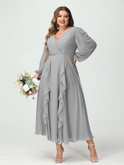 Forme Princesse Col V Manches Longues Mousseline de soie Longueur Thé Volants Grande taille Robes de demoiselle d'honneur avec Poches