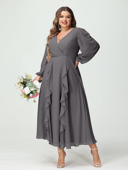 Forme Princesse Col V Manches Longues Mousseline de soie Longueur Thé Volants Grande taille Robes de demoiselle d'honneur avec Poches
