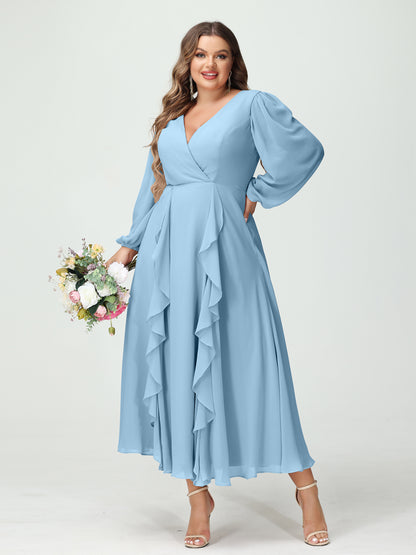 Forme Princesse Col V Manches Longues Mousseline de soie Longueur Thé Volants Grande taille Robes de demoiselle d'honneur avec Poches