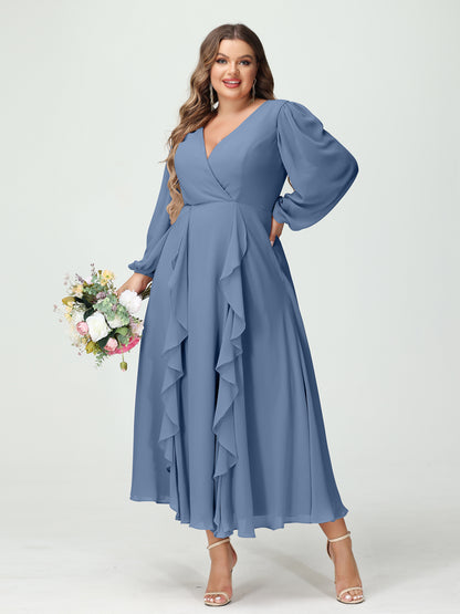 Forme Princesse Col V Manches Longues Mousseline de soie Longueur Thé Volants Grande taille Robes de demoiselle d'honneur avec Poches