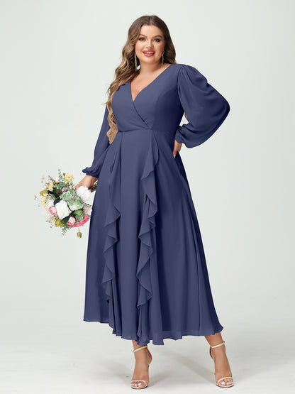 Forme Princesse Col V Manches Longues Mousseline de soie Longueur Thé Volants Grande taille Robes de demoiselle d'honneur avec Poches