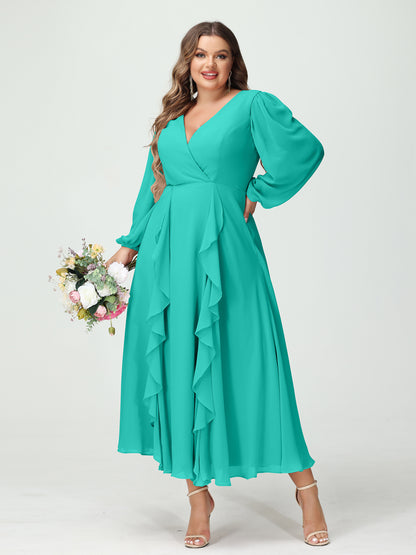 Forme Princesse Col V Manches Longues Mousseline de soie Longueur Thé Volants Grande taille Robes de demoiselle d'honneur avec Poches
