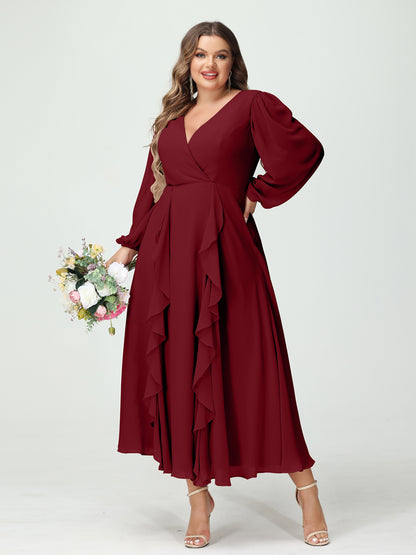 Forme Princesse Col V Manches Longues Mousseline de soie Longueur Thé Volants Grande taille Robes de demoiselle d'honneur avec Poches