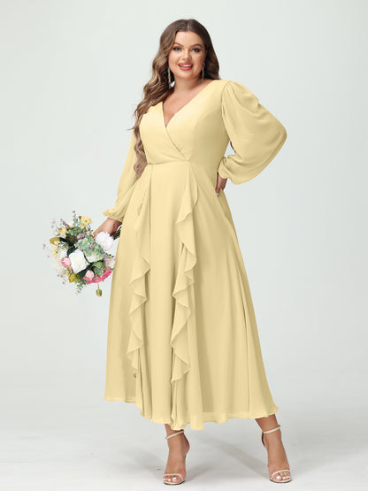 Forme Princesse Col V Manches Longues Mousseline de soie Longueur Thé Volants Grande taille Robes de demoiselle d'honneur avec Poches