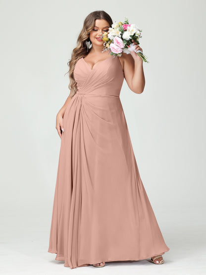 Forme Princesse Bretelles spaghetti Sans Manches Mousseline de soie Fendue sur le côté Grande taille Robes de demoiselle d'honneur avec Poches